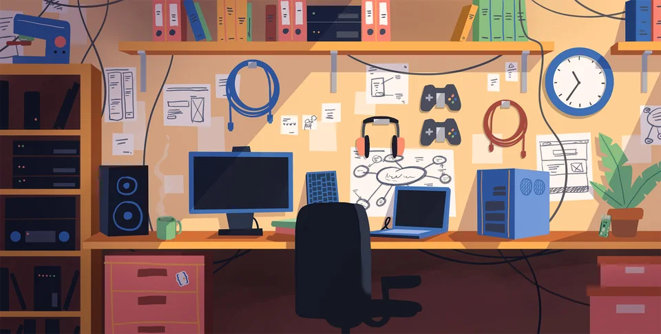 Illustration d’un atelier numérique, avec des écrans, des câbles et du matériel informatique.