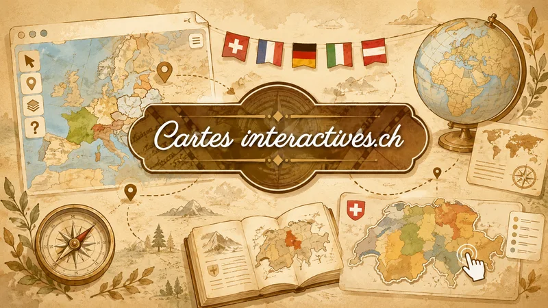 Illustration de cartes interactives avec une carte de la Suisse, un globe et des repères géographiques.