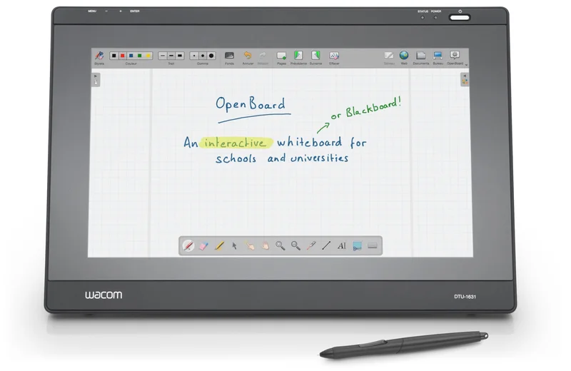 OpenBoard affiché sur un écran interactif, avec les outils d’écriture visibles.